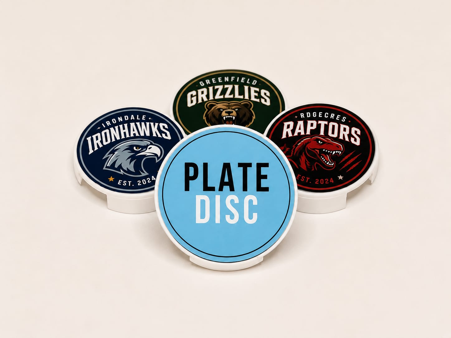 Four team-logo Plate Discs — Irondale Ironhawks, Greenfield Grizzlies, Ridgecrest Raptors and Plate Disc