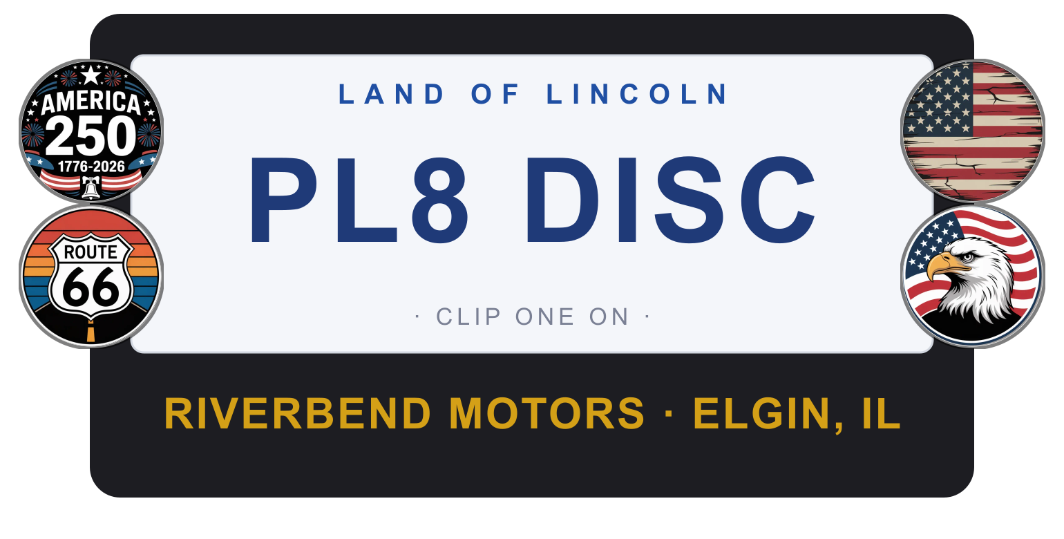 Custom license plate frame with dealer name Riverbend Motors and four Plate Discs clipped on